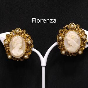 Florenza Cameo Clip Earrings, Hand-carved Shell, Gold Plated, 1950s Vintage